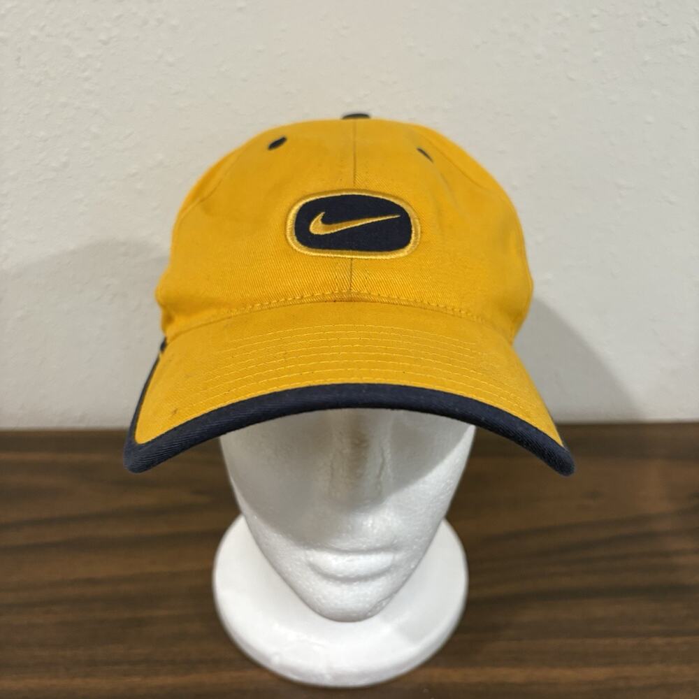 VTG 90s Nike Silver Tag Yellow Navy Dad Cap Strapback Hat Swoosh Michigan Canvas